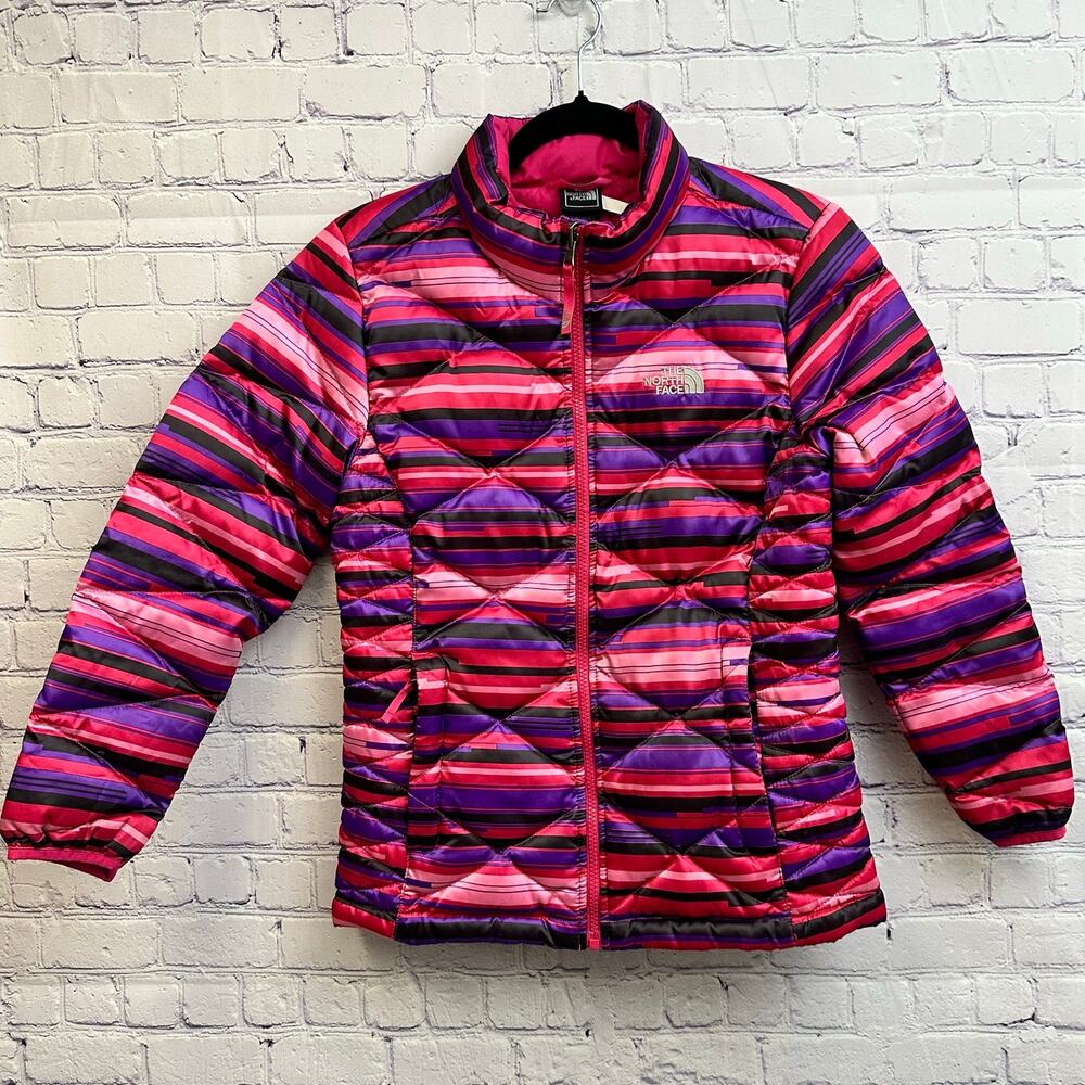 The North Face Girls 550 Down Puffer Coat Size Large 14/16 Pink Purple Stripes